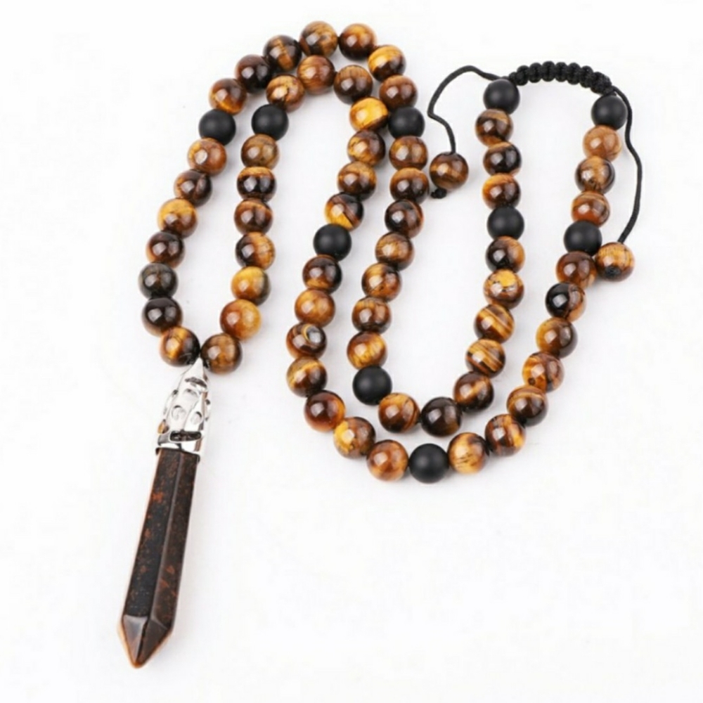 Tigers Eye & Onyx Necklace with Healing Point Pendant
